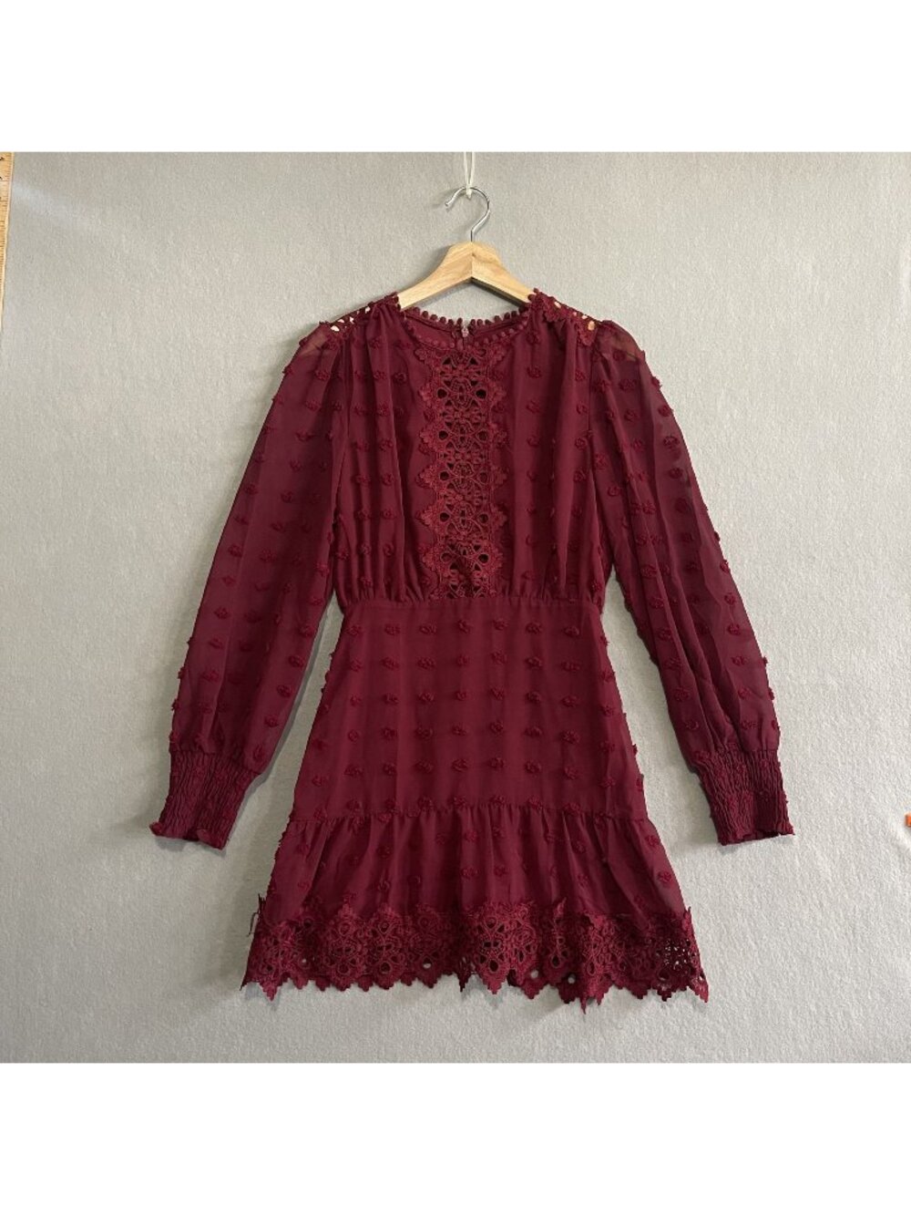 Lulus Lust Or Love Wine Red Embroidered Lace Long Sleeve Dress Textured XS